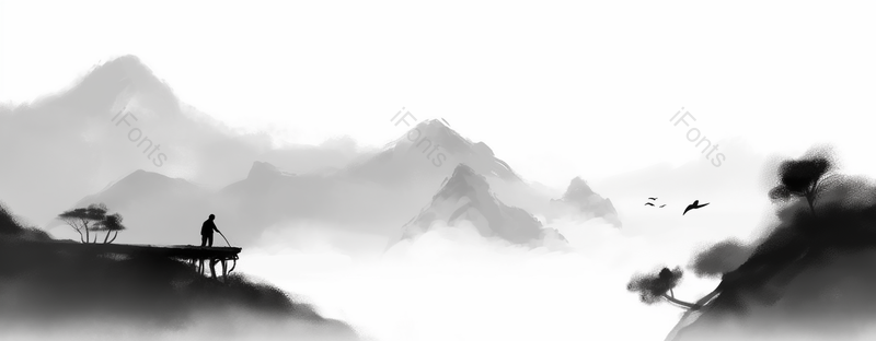 人拄着拐杖在探路中国风山水水墨画背景,插画/手绘图,插画/手绘图库,插画/手绘图下载,插画/手绘